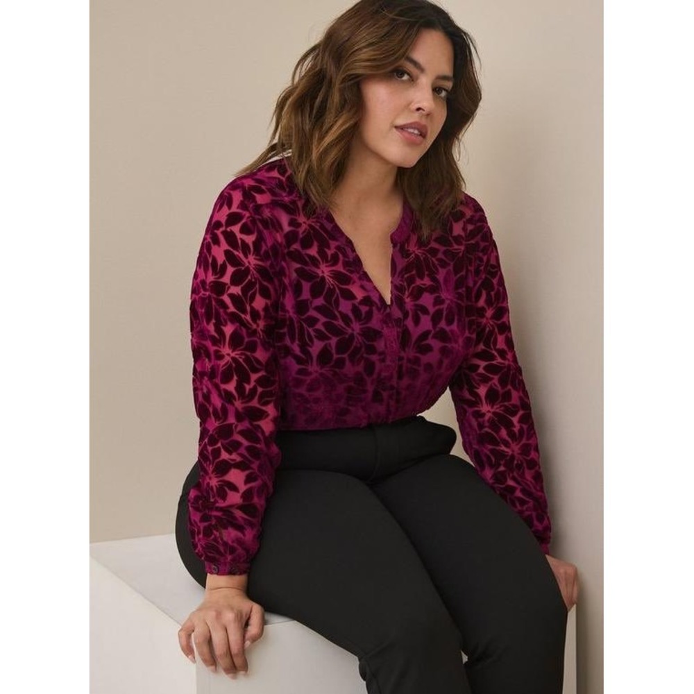 Torrid Burgundy Velvet Burnout Hi-Low Pullover Long Sleeve Blouse Holidays 1X 14